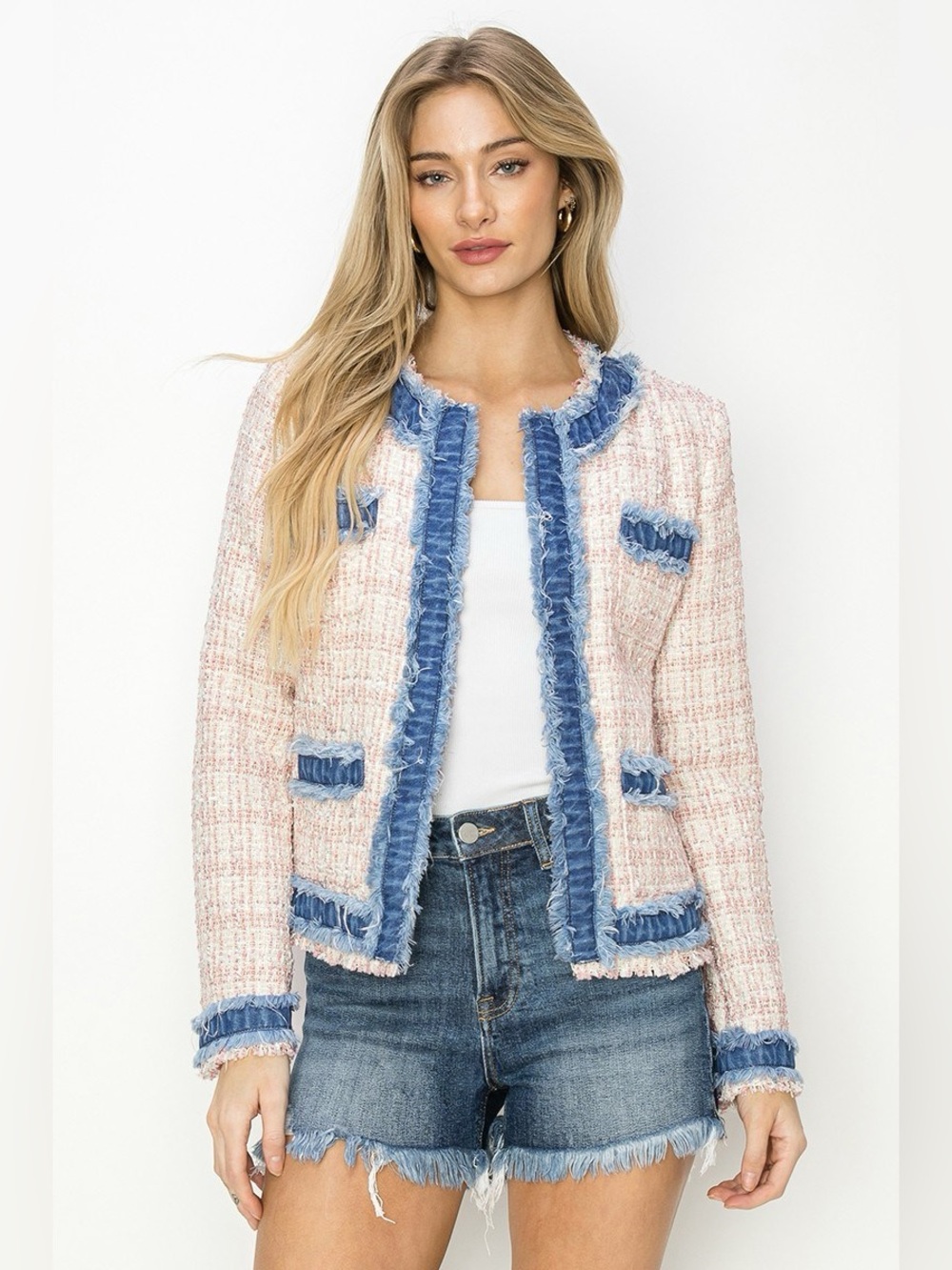 Risen Pink Tweed Fringe-Trim Blazer with Blue Accents - Picture 1 of 6